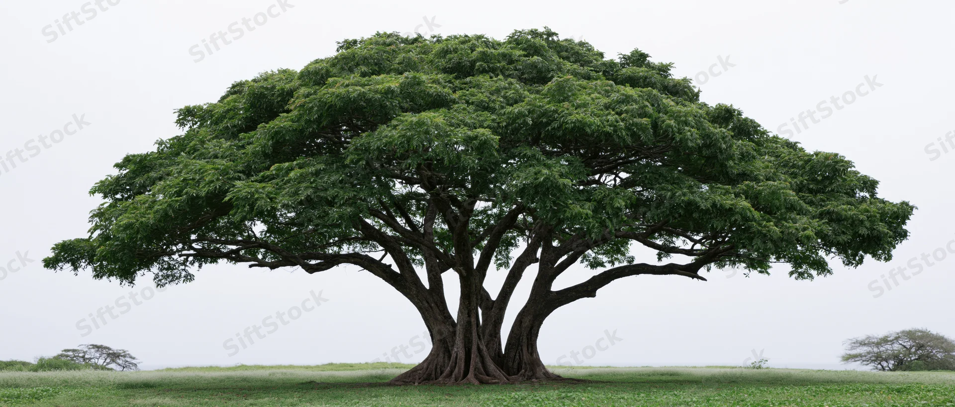 Large mature tropical rain tree standing alone in an open grassy field under overcast sky