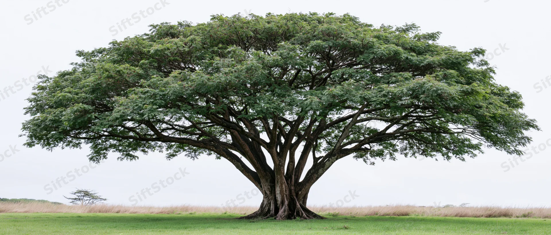 Large mature tropical rain tree standing alone in an open grassy field under overcast sky