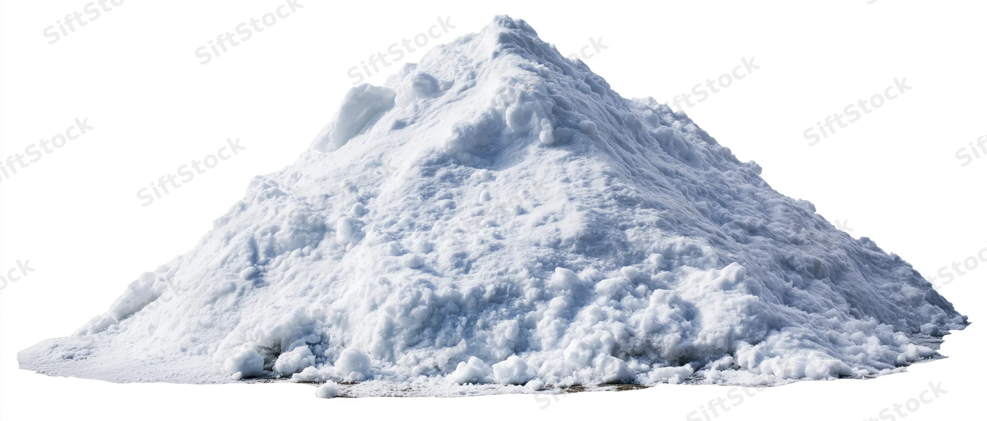 Large mound of shoveled snow on flat surface isolated on white