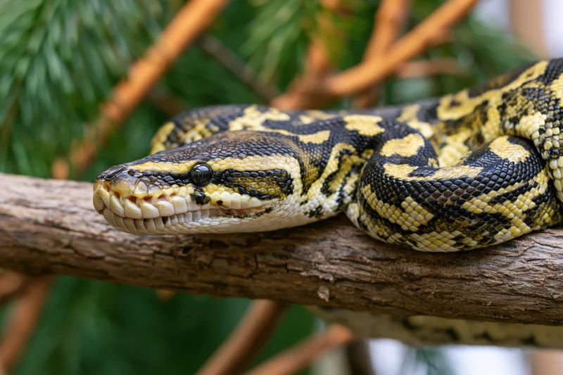 Python coiled and resting on a thick wooden branch with green foliage in the background