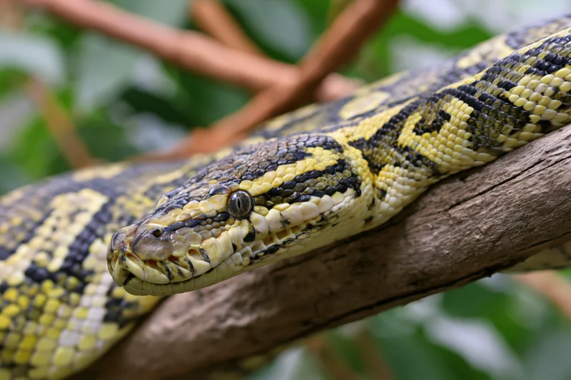 Python coiled on a thick wooden branch in a lush green forest setting