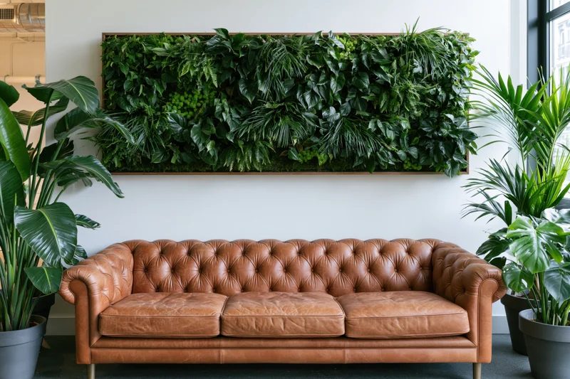 Brown tufted leather sofa in front of a large living plant wall in a modern office lobby