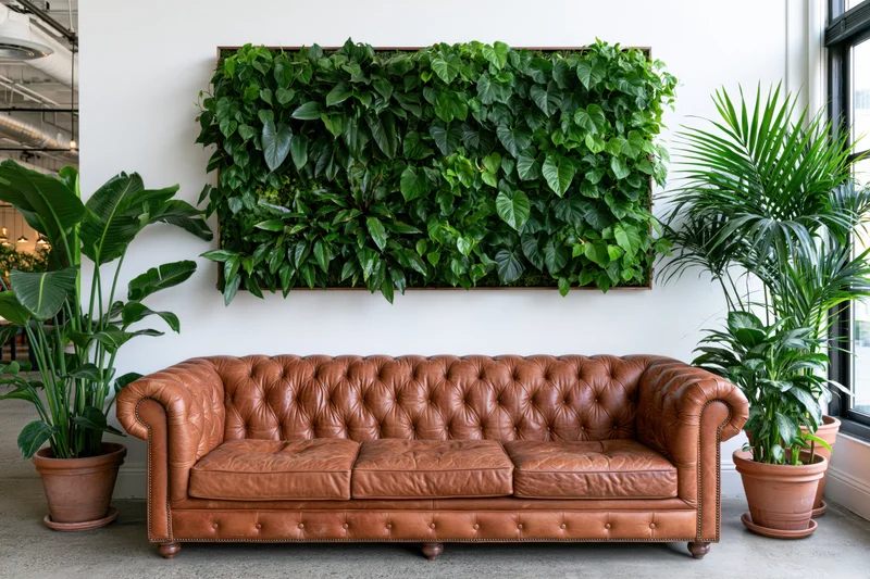 Brown tufted leather sofa in front of a living plant wall with potted plants on either side