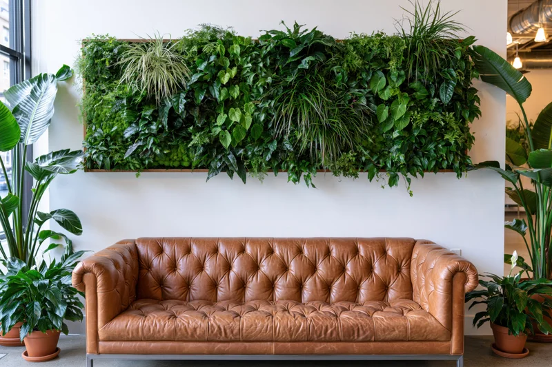 Large living plant wall above a brown tufted leather sofa in a modern office lobby