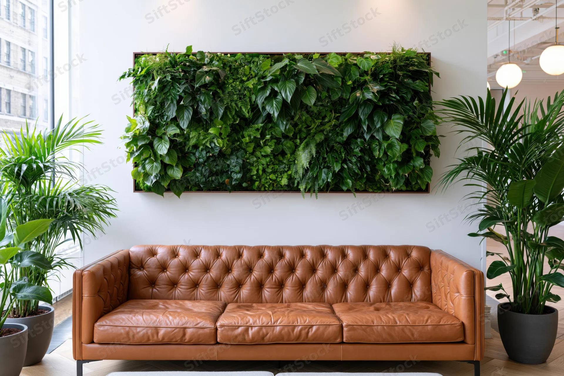 Living plant wall above a brown tufted leather sofa in a modern office interior