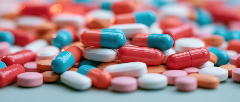 Scattered pile of colorful pharmaceutical pills and capsules on a flat surface