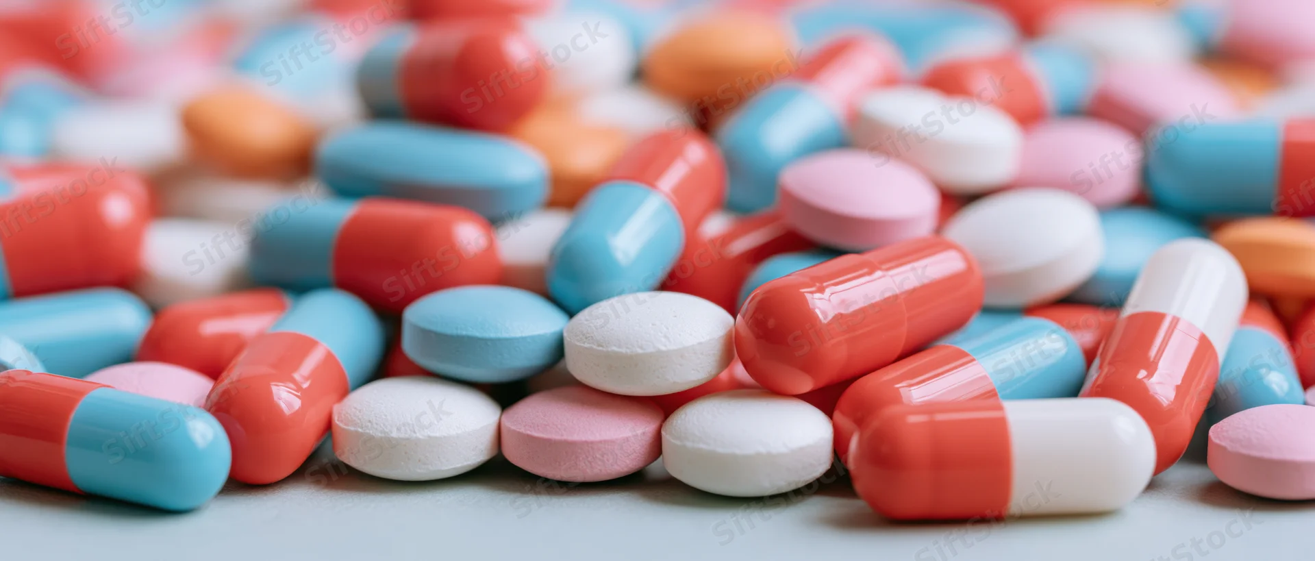 Scattered pharmaceutical pills and capsules in various colors on a light surface
