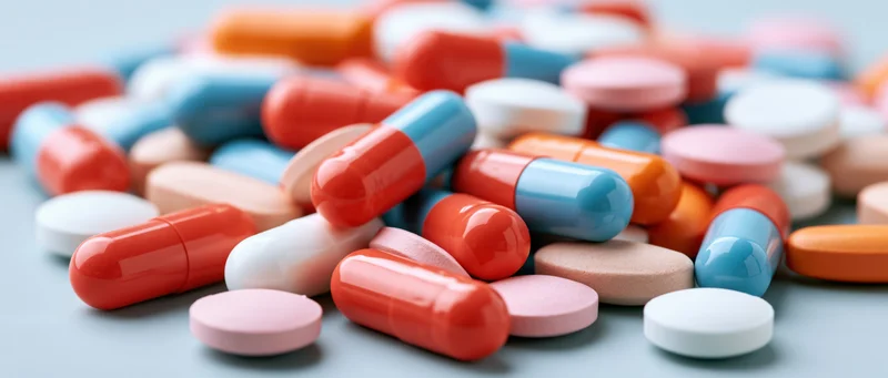 Scattered pile of colorful pharmaceutical pills and capsules on a light surface