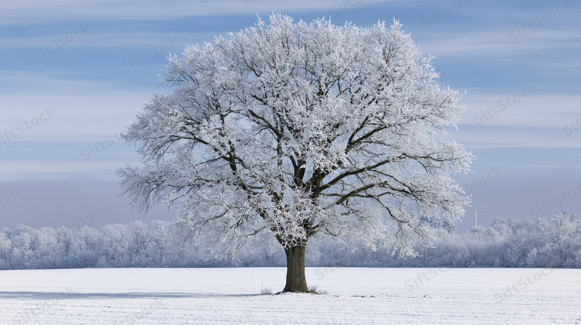 Solitary snow-covered tree standing in a frozen field under a blue sky