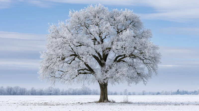Solitary deciduous tree covered in frost standing in a snow-covered field under a blue sky