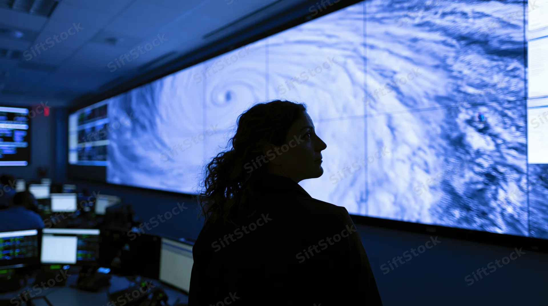 Woman analyst in silhouette observing hurricane on large screen in control room