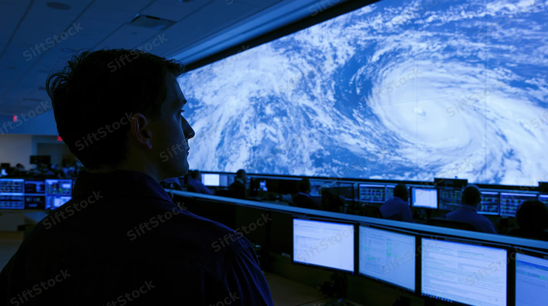 Meteorologist observing hurricane on large screen in control room