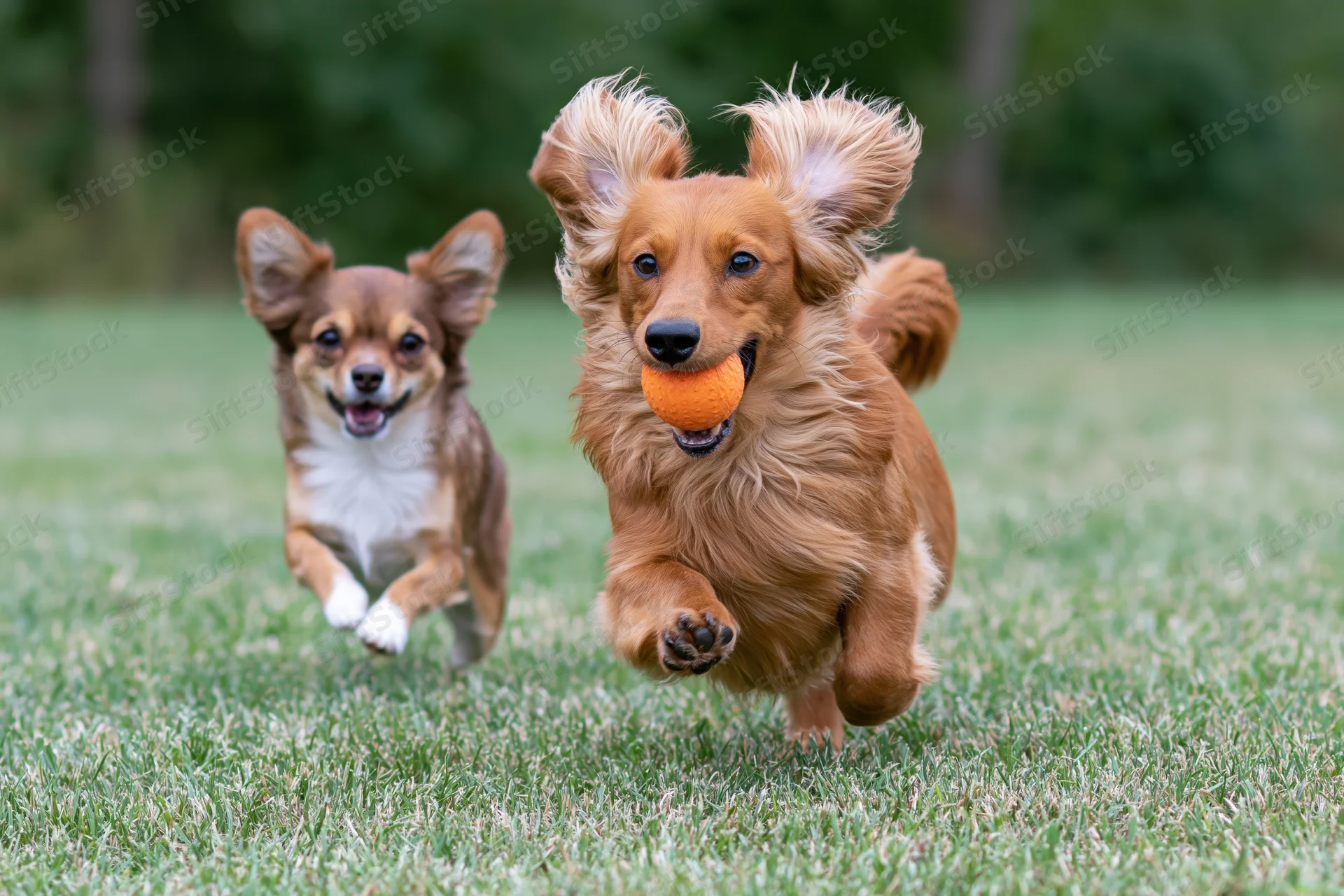 Long-haired red dachshund running with orange ball on grass, chihuahua running alongside