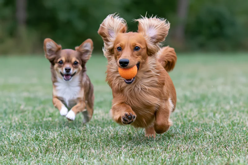 Long-haired red dachshund running with orange ball on grass, chihuahua running alongside