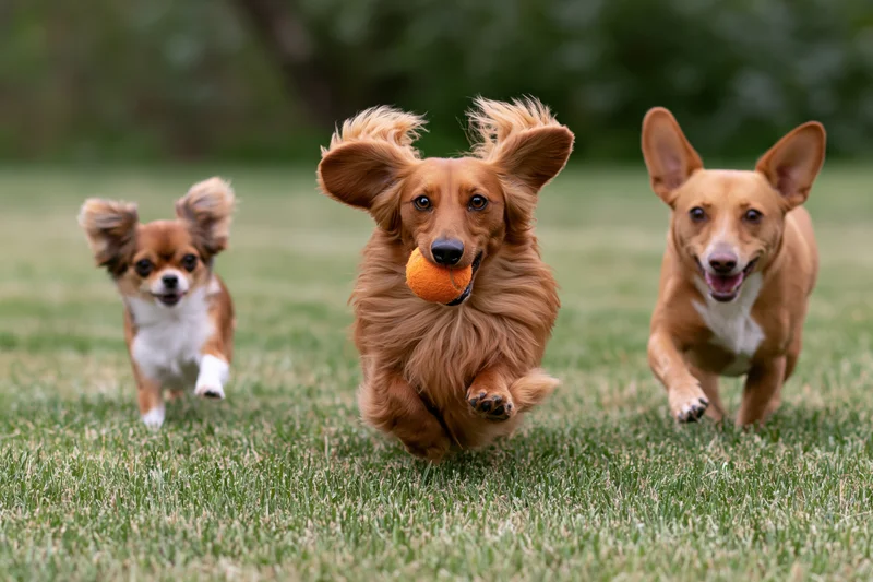 Long-haired dachshund running with orange ball on grass, flanked by two other dogs in motion