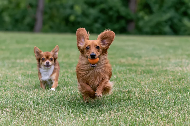 Long-haired red dachshund running with orange ball on grass, chihuahua following behind