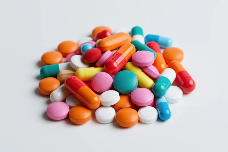 A pile of assorted colorful pills and capsules on a white surface