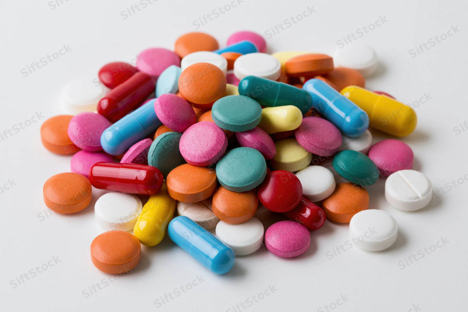 A pile of colorful pharmaceutical pills and capsules on a white surface