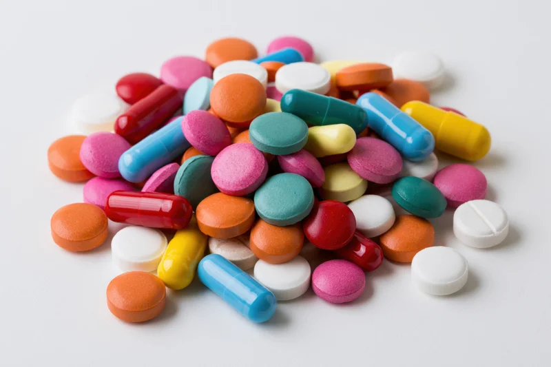 A pile of colorful pharmaceutical pills and capsules on a white surface