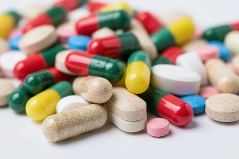 Assorted pills and capsules scattered on a white surface