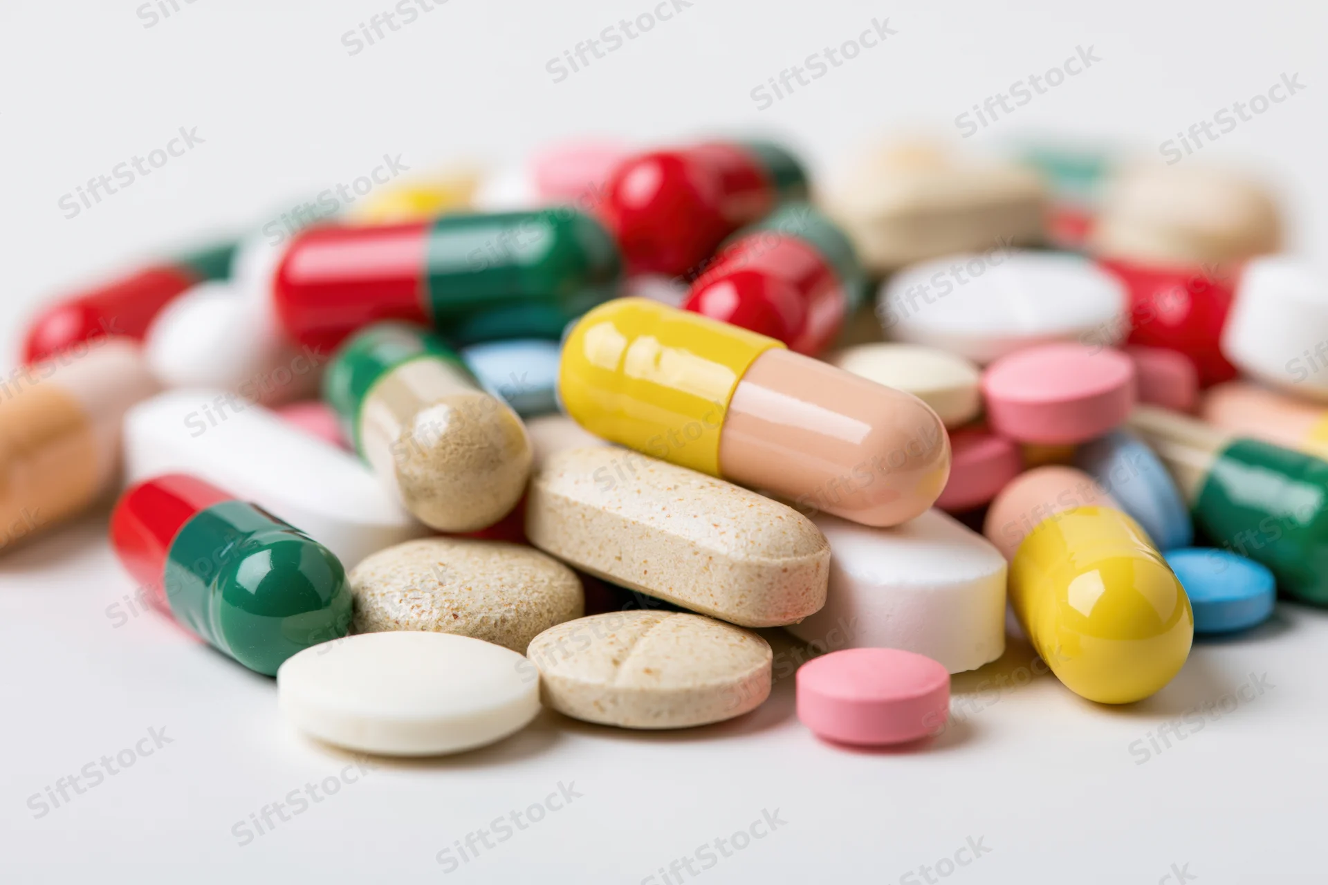 Assorted pills and capsules scattered on a white surface