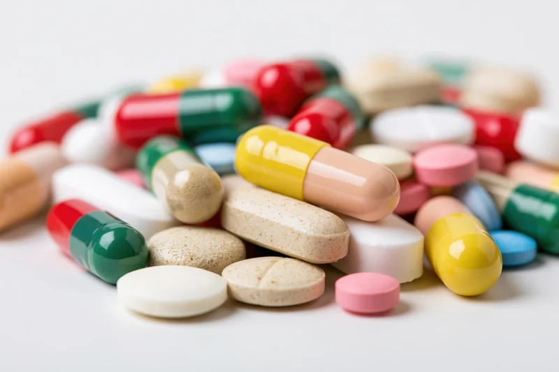 Assorted pills and capsules scattered on a white surface