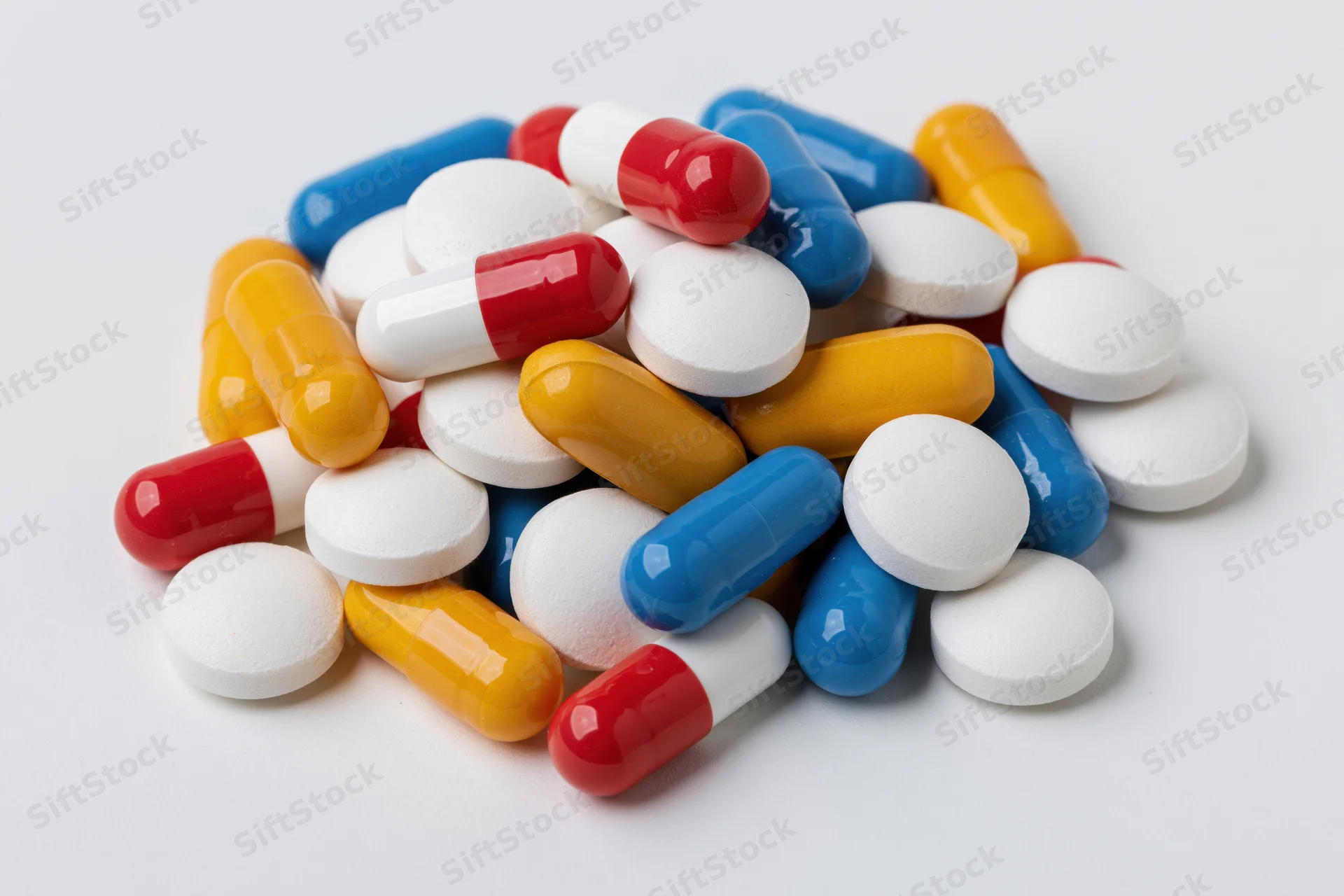 Assorted prescription pills and capsules piled on a white surface