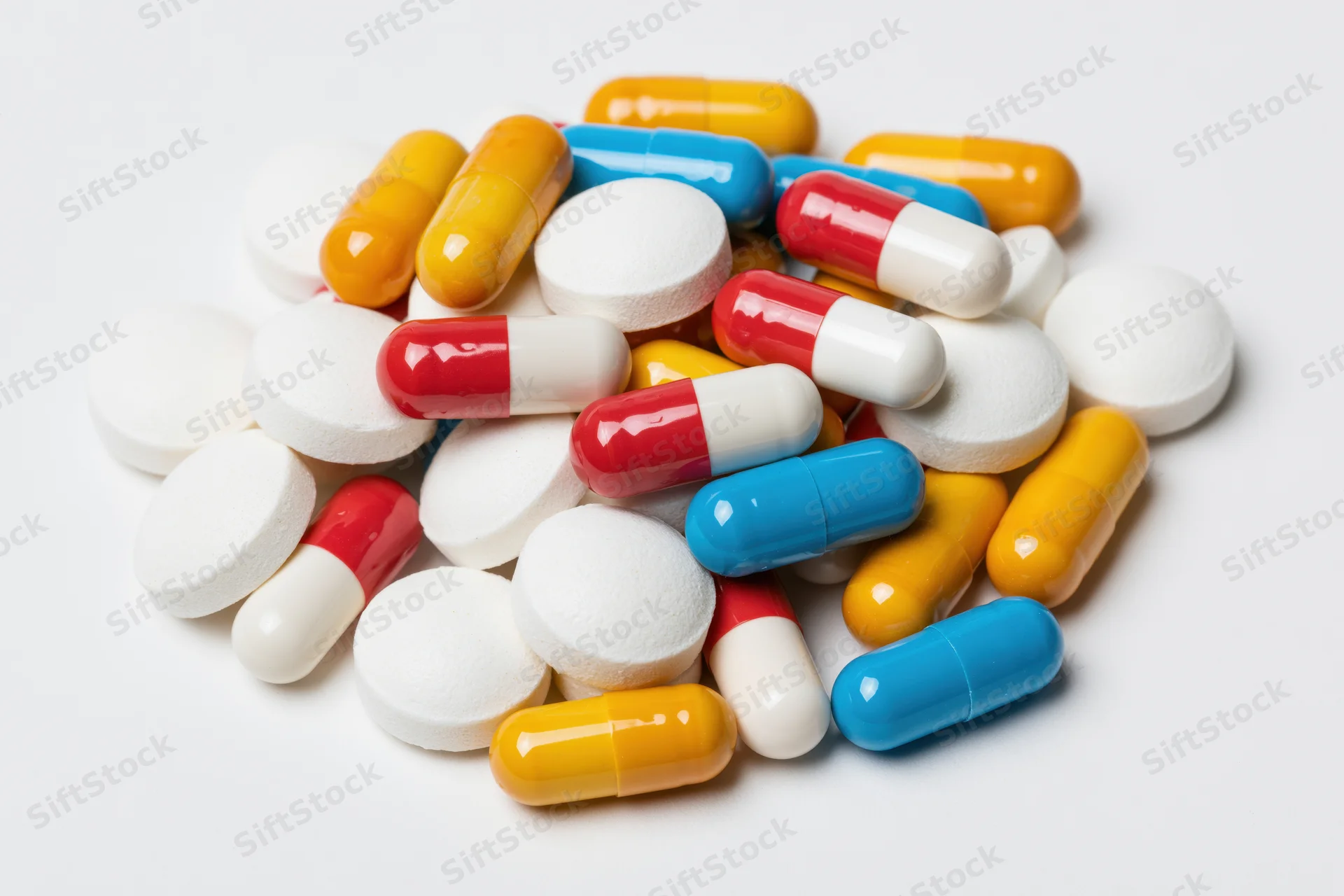 Assorted prescription pills and capsules piled on a white surface