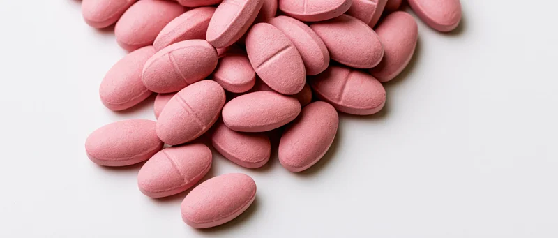 Oval pink scored tablets scattered on a clean white surface
