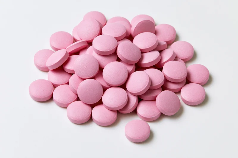 Pile of small round pink coated tablets scattered on white surface