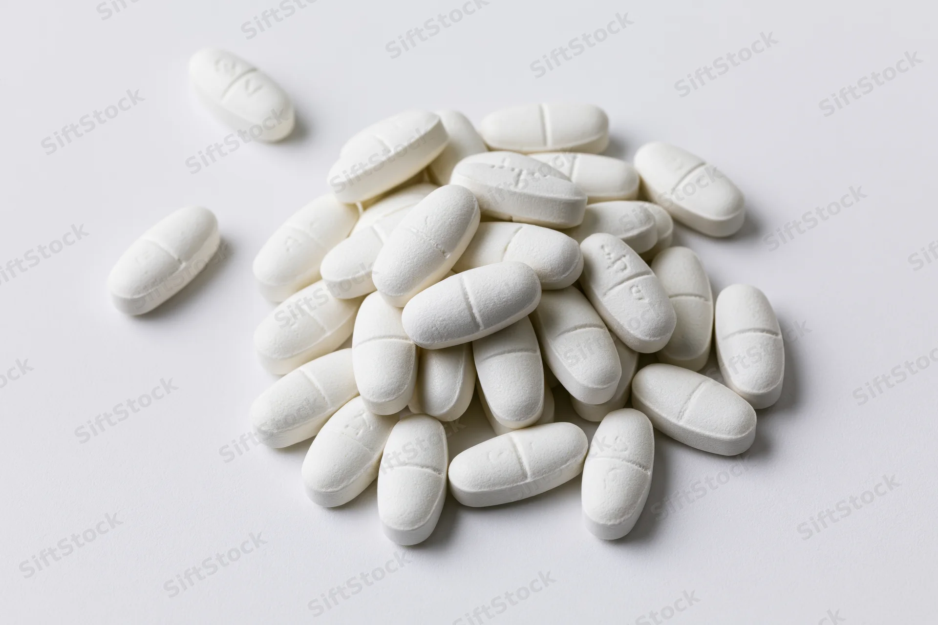 White oval scored tablets scattered in a loose pile on a plain white surface