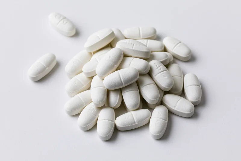 White oval scored tablets scattered in a loose pile on a plain white surface