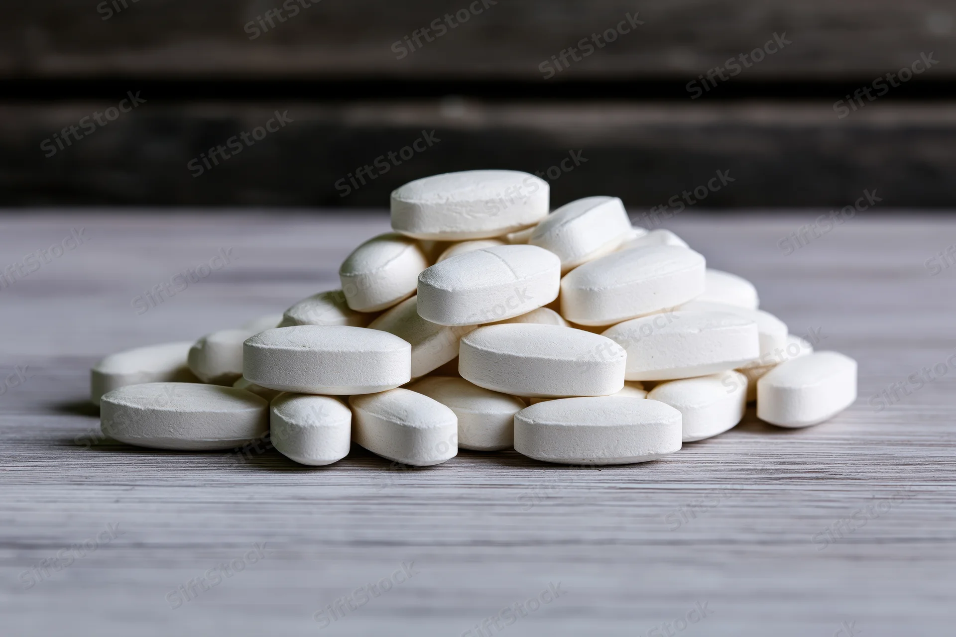 A pile of white oval tablets on a pale grey wooden surface