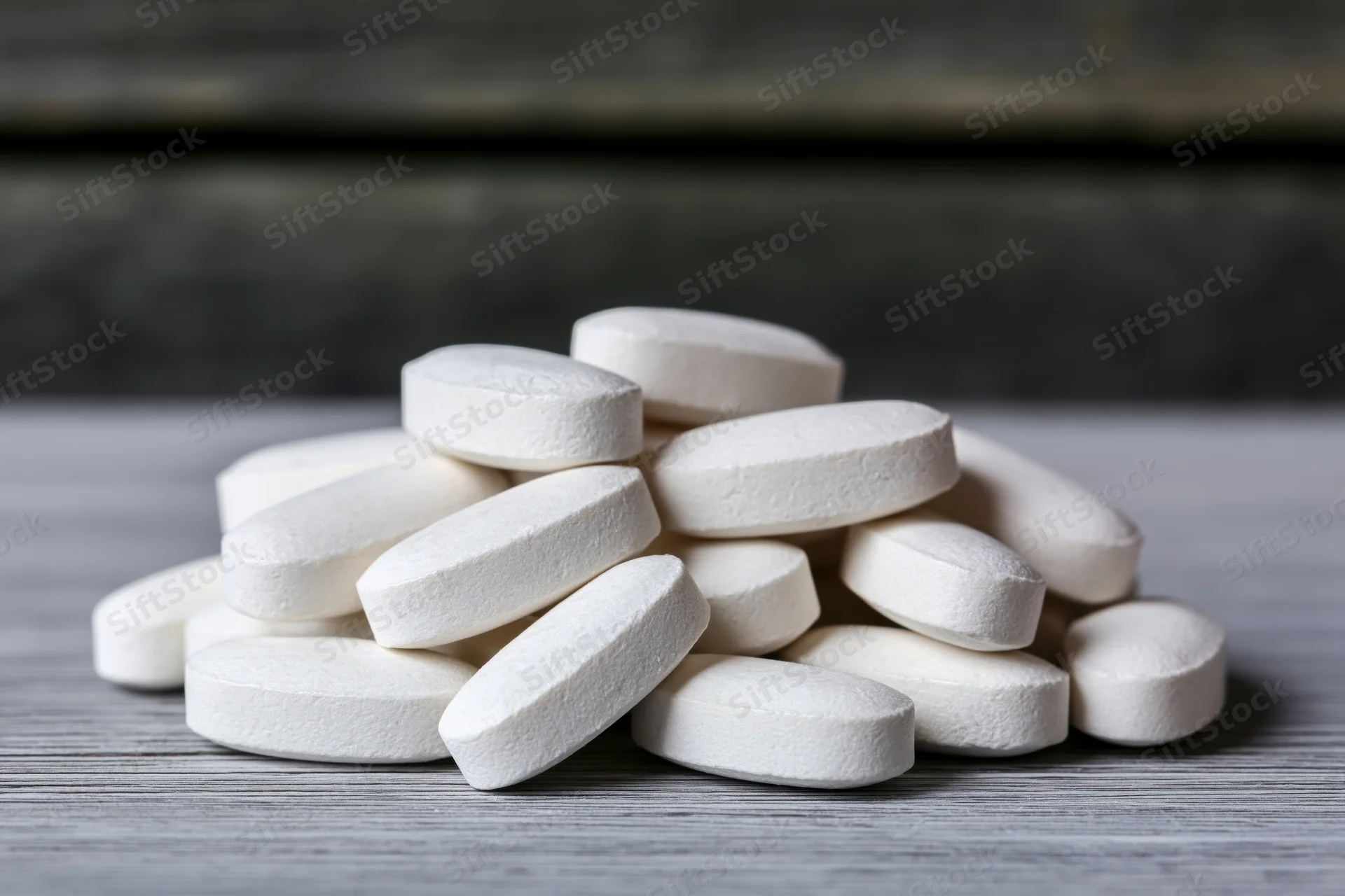 White oval tablets piled on a gray wooden surface