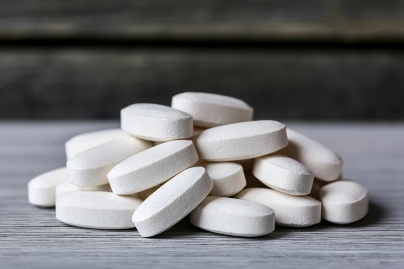 White oval tablets piled on a gray wooden surface