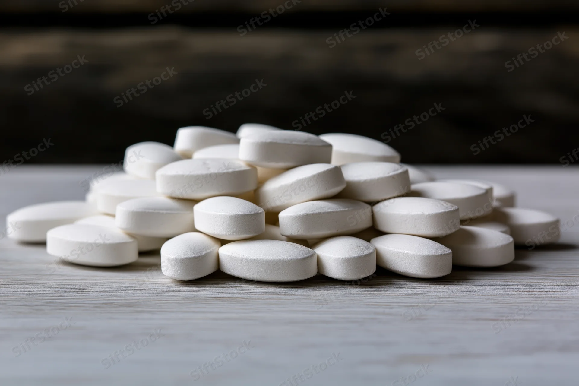 White oval tablets piled on a pale grey wooden surface