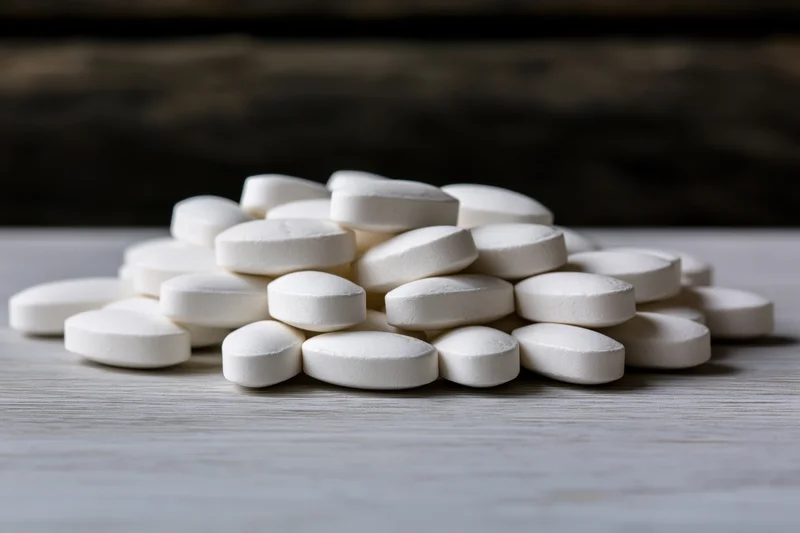 White oval tablets piled on a pale grey wooden surface