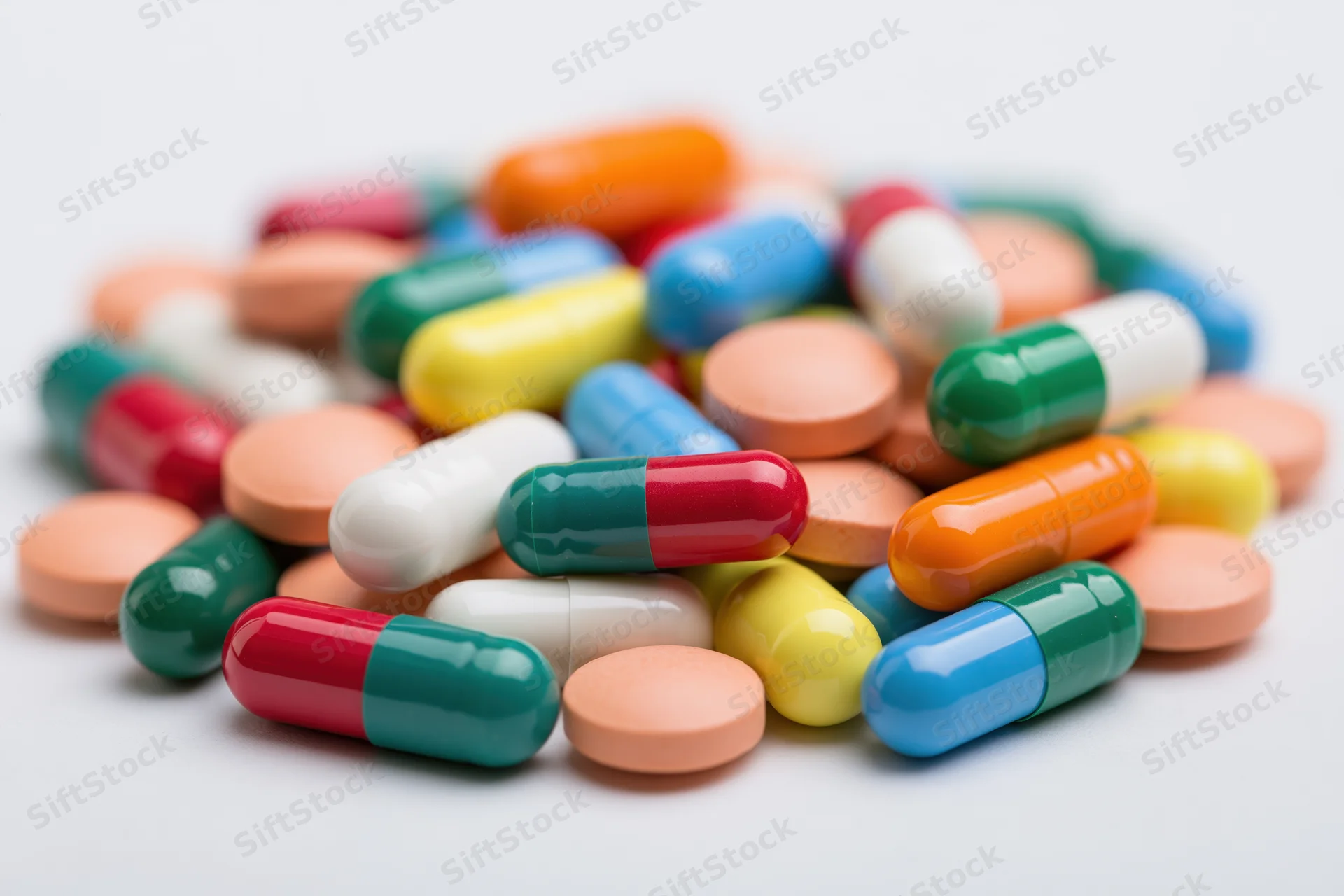 Scattered pile of colorful pharmaceutical capsules and tablets on white background