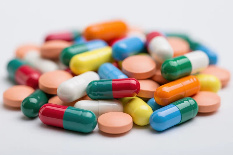 Scattered pile of colorful pharmaceutical capsules and tablets on white background