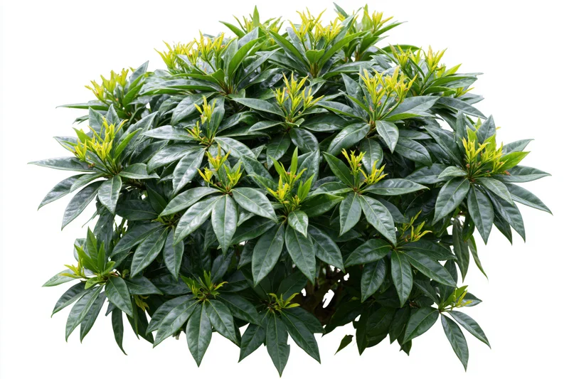 Low dense ornamental shrub with glossy palmate leaves isolated on white background