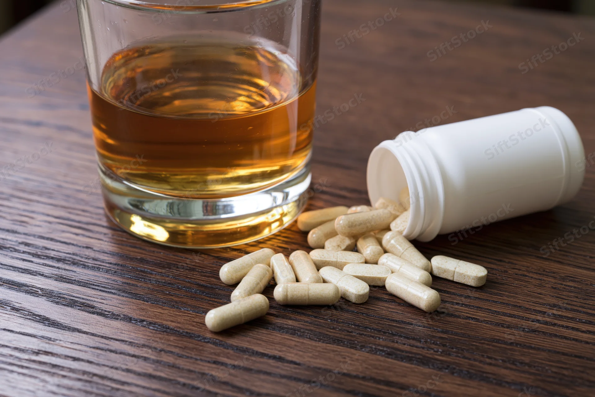 Glass of amber whiskey beside spilled capsules on wooden table