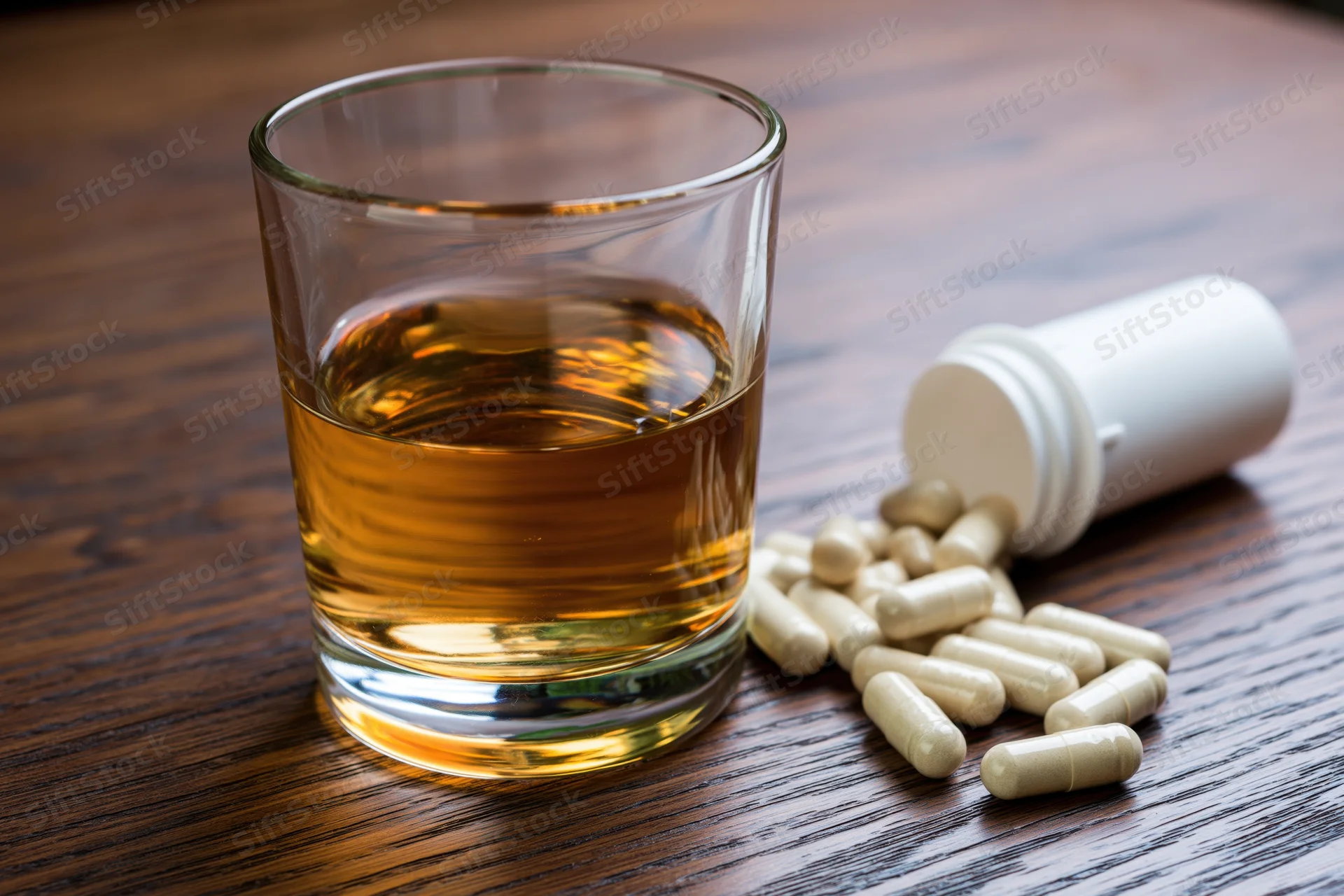 Whiskey in a lowball glass beside spilled capsules on a wooden table