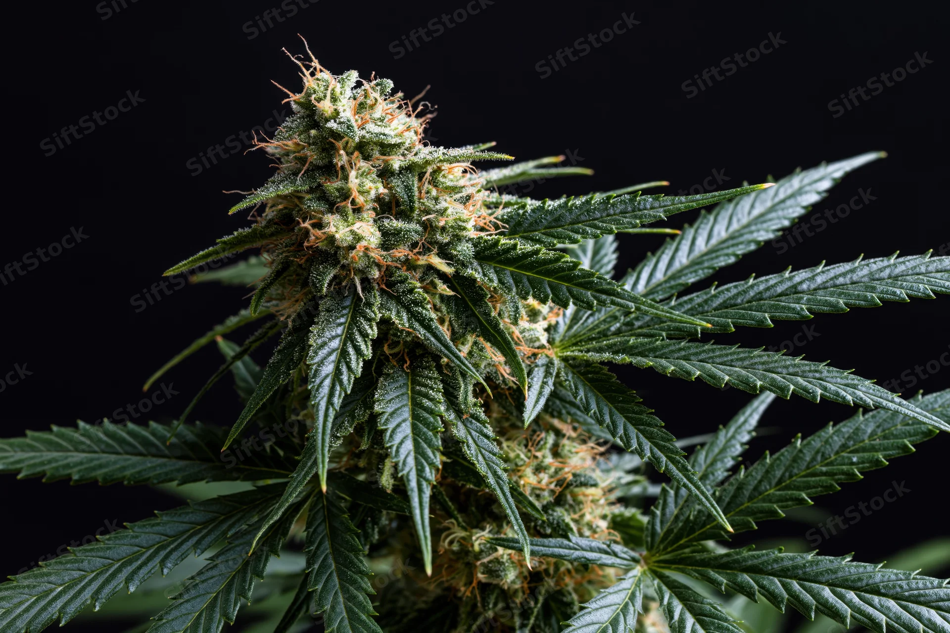 Closeup of a mature cannabis plant cola in full flower with dense trichomes and orange pistils against a black background