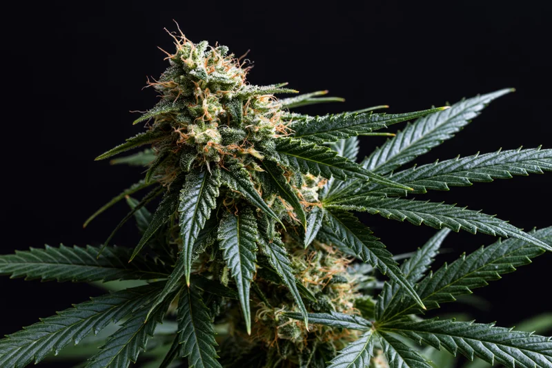 Closeup of a mature cannabis plant cola in full flower with dense trichomes and orange pistils against a black background