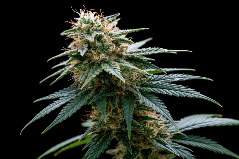 Mature cannabis plant cola in full flower with dense trichomes against black background