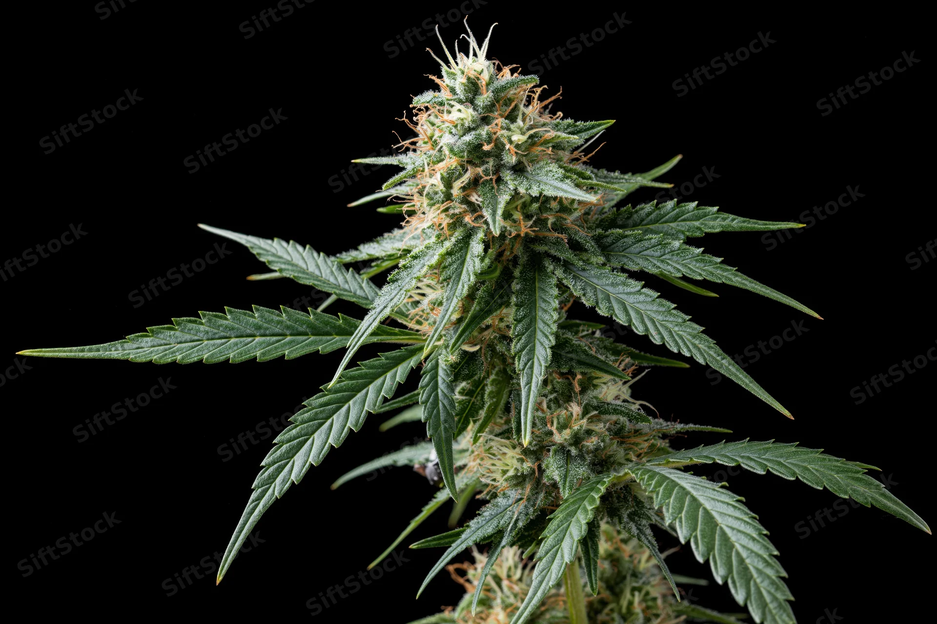 Mature cannabis plant cola in full flower with dense buds and green leaves against black background