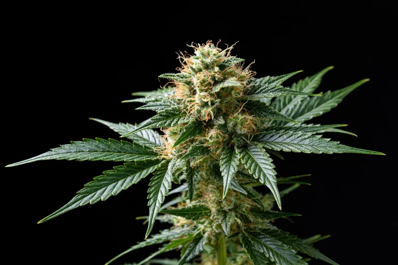 Mature cannabis plant cola in full flower with dense trichomes and pistils against black background