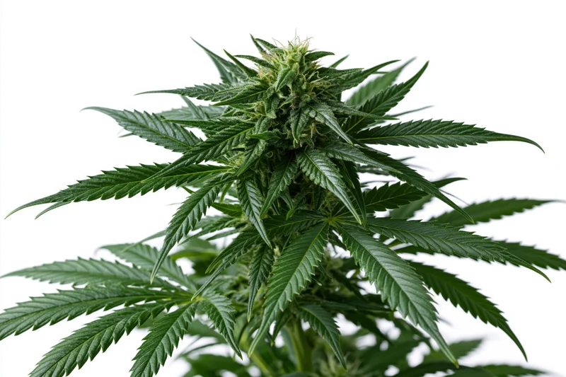 Mature cannabis plant in full bloom with large cola bud and green leaves against white background