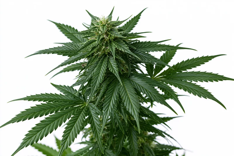 Mature cannabis plant in full flower with large cola bud against white background