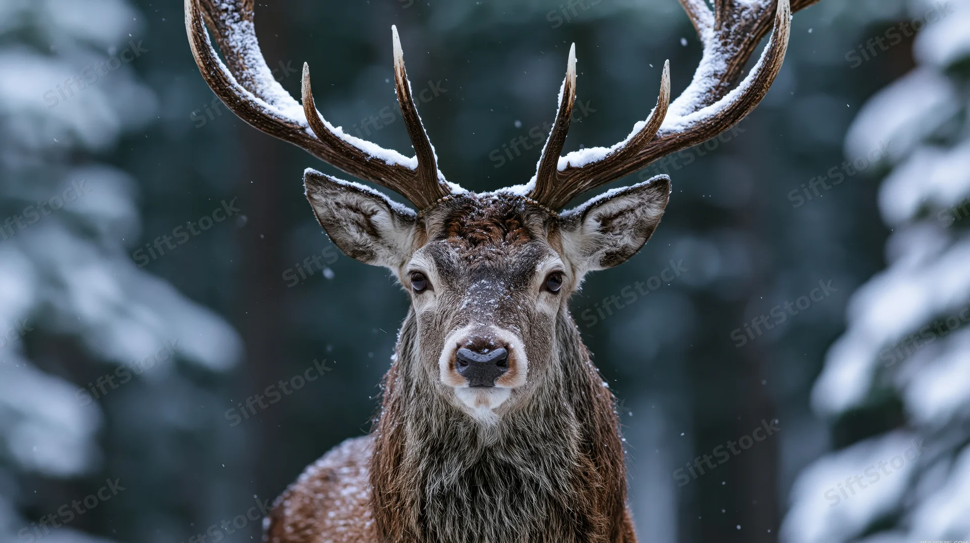 Red deer stag facing camera in snowy forest with antlers covered in snow